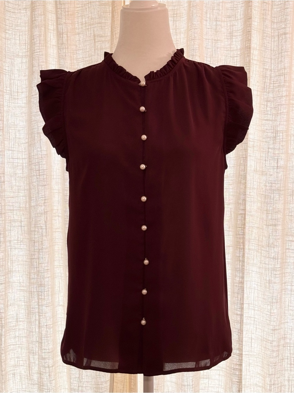 Ann Taylor Deep Burgundy Pearl-Button Ruffle Sleeve Blouse - Size Small - Picture 2 of 9